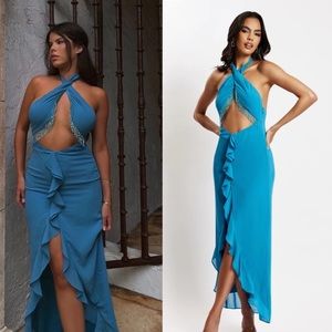 Dana Chiffon Diamante Trim Halter Maxi Dress - Marine Blue